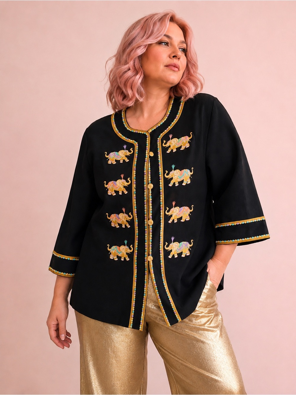 Bob Mackie Wearable Art Elephant Embroidered Jacket 3X NWT Black